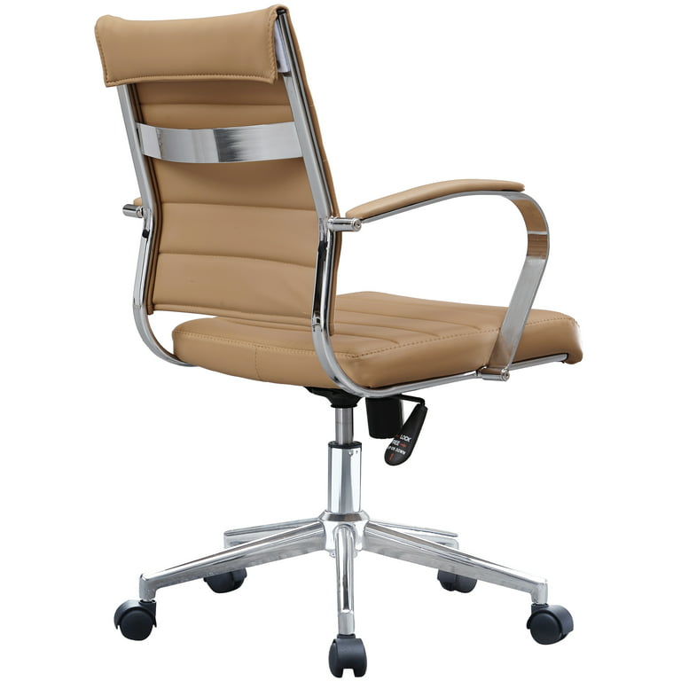 Modern Tan High Back Office Chair Ribbed PU Leather Swivel Tilt Conference Room Computer Desk Cushion Seat Boss