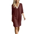 thumbnail image 3 of Vetsdori Women's Solid Color V-Neck Lace 3/4 Sleeve Linen Shift Dress Casual Flowy Summer, 3 of 9