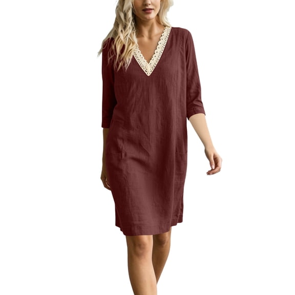 LNWUY Women's Fashion Lace 3/4 Sleeve Cotton Linen Dress Summer Casual Solid Color V-Neck Shift Dress Knee Length Dresses Red XL
