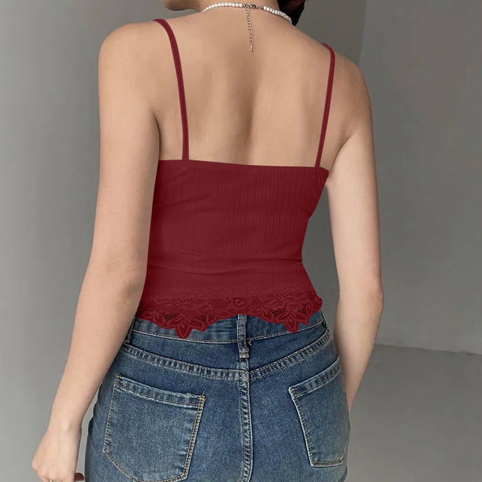 Mnyotv Women's Tank Lace Trim Ribbed Deep V Neck Crop Camisole For Women Sexy Slim Fit Sleeveless Tank Top Red L