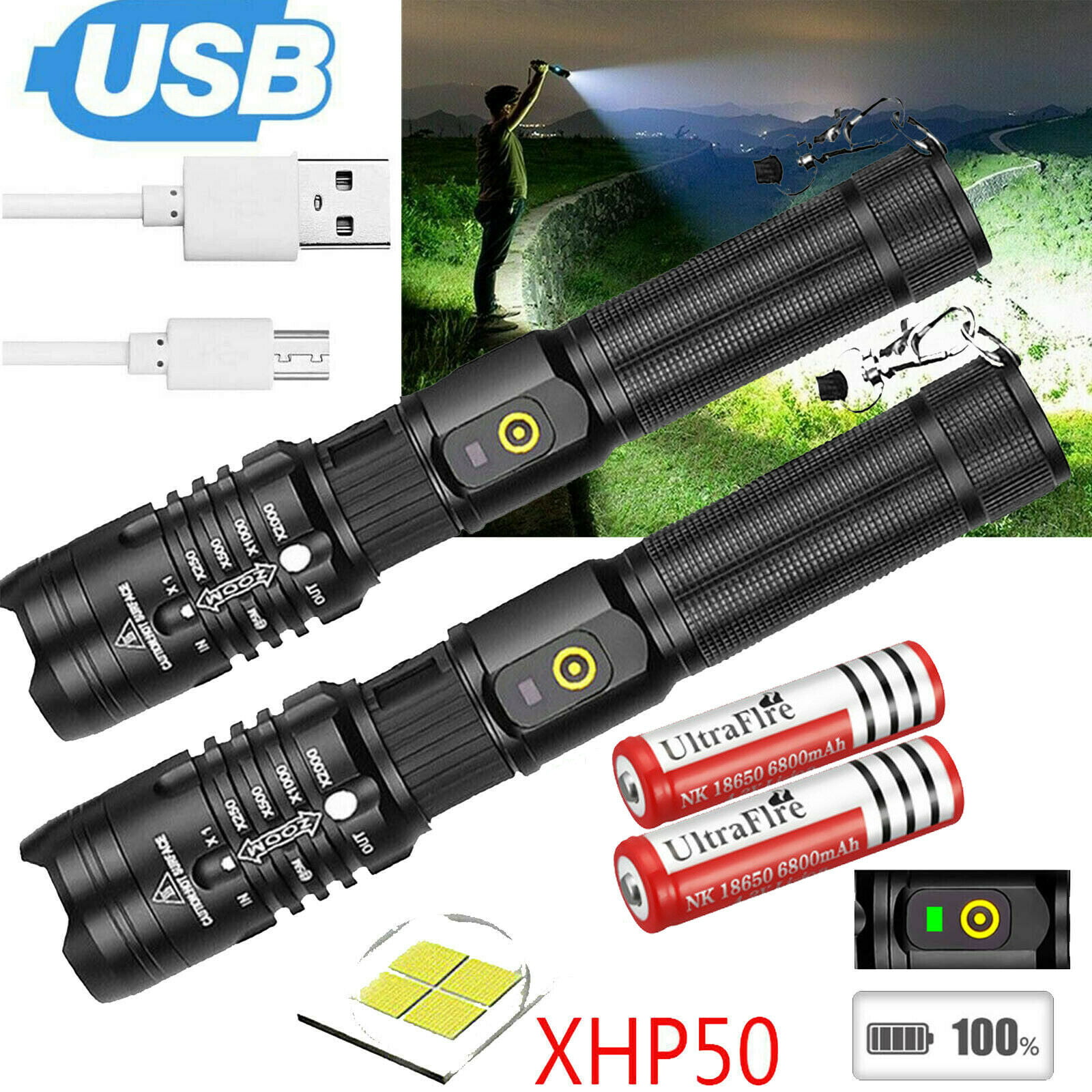 50000LM T6 Zoomable Tactical LED Flashlight Torch Lamp Super Bright Light 18650 