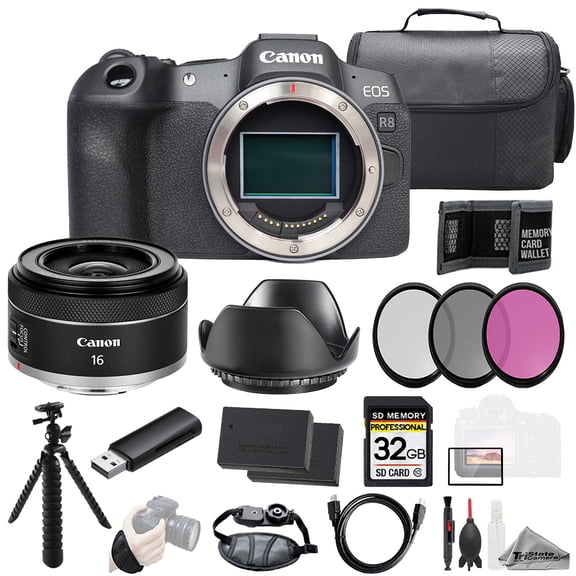 Canon EOS R8 Camera   Canon RF 16mm f/2.8 STM Lens  32GB   Ext Bat  3 PC Filter- Kit (International Version)