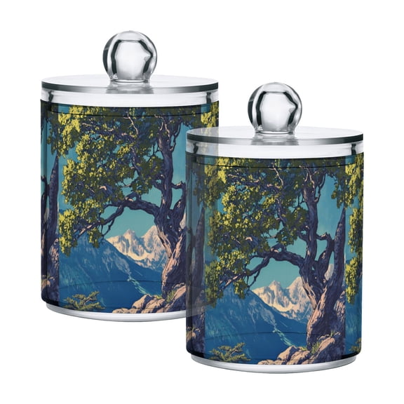 Yayeee 2 Pack Qtip Holder Bathroom Cotton Swab Canister with Lid Clear Dispenser Set, Blue Tree