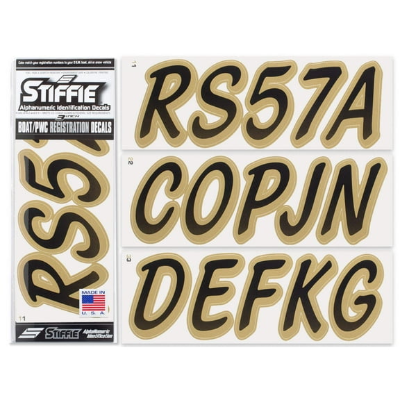 STIFFIE Whipline Black / Metallic Gold 3" Alpha-Numeric Identification Custom Kit Registration Numbers & Letters Marine Stickers Decals for Boats & Personal Watercraft PWC