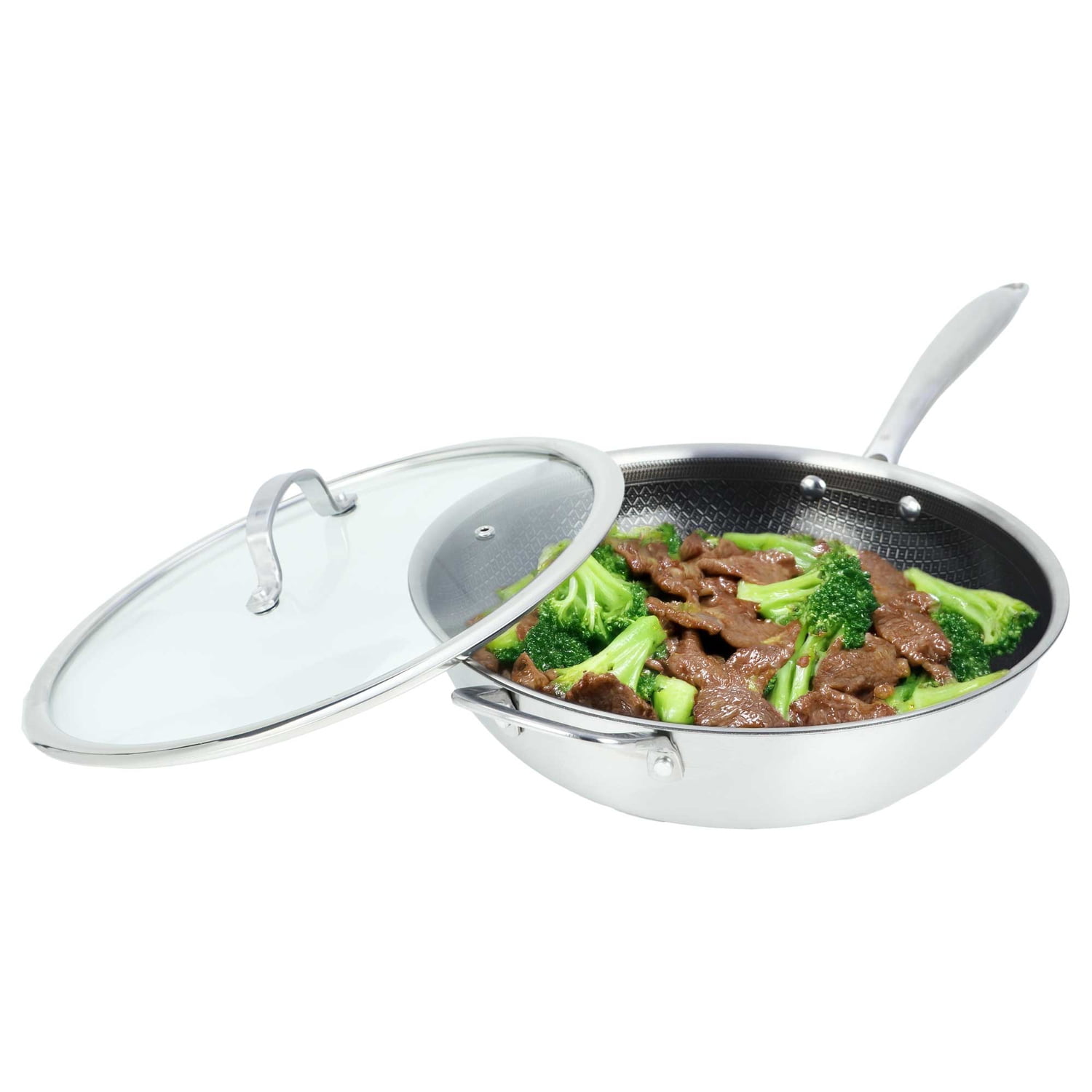 Brentwood 12-In. 4.2-Qt. 3-Ply Hybrid Non-Stick Stainless Steel Wok with Glass Lid