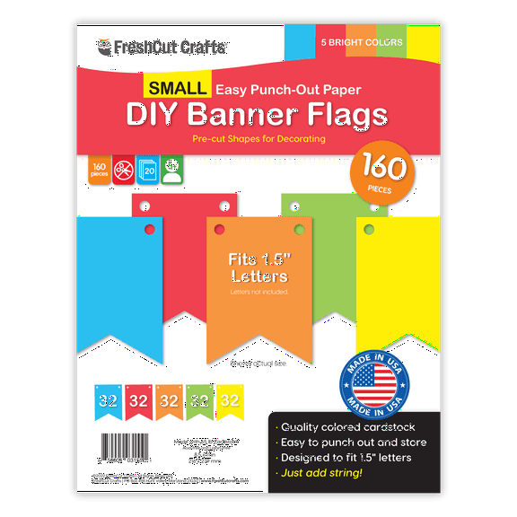 FreshCut Crafts Punch Out Paper Cutouts, Small Banner Flags, Bright Colors, 160 Pieces