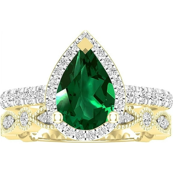 Divine Creation 925 Sterling Silver 2.50 Ct Pear Cut Green Emerald Christmas Thanksgiving Wedding Bridal Ring Set 14K Yellow Gold Plated For Women's -6.5