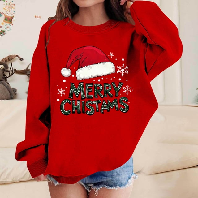 Blusas y camisas de manga larga con cuello redondo para niños Estampados navideños de manga larga Casual Suelto Forro polar para mayor calidez Sudadera con capucha de manga larga con cuello redondo pa