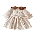 thumbnail image 3 of Toddler Warm Corduroy Fall Outfit Contrast Big Ruffle Collar Tiny Floral Embroidery Gathered Waist Casual Dress for Birthday Parties Indoor Tea Parties Khaki 80, 3 of 7
