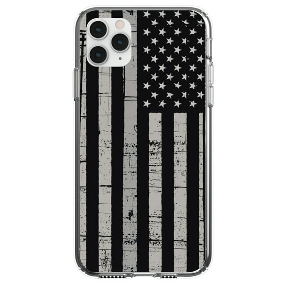 DistinctInk Clear Shockproof Hybrid Case for iPhone 11 (6.1" Screen) - TPU Bumper, Acrylic Back, Tempered Glass Screen Protector - Black Grey US Flag United States - the United States of America