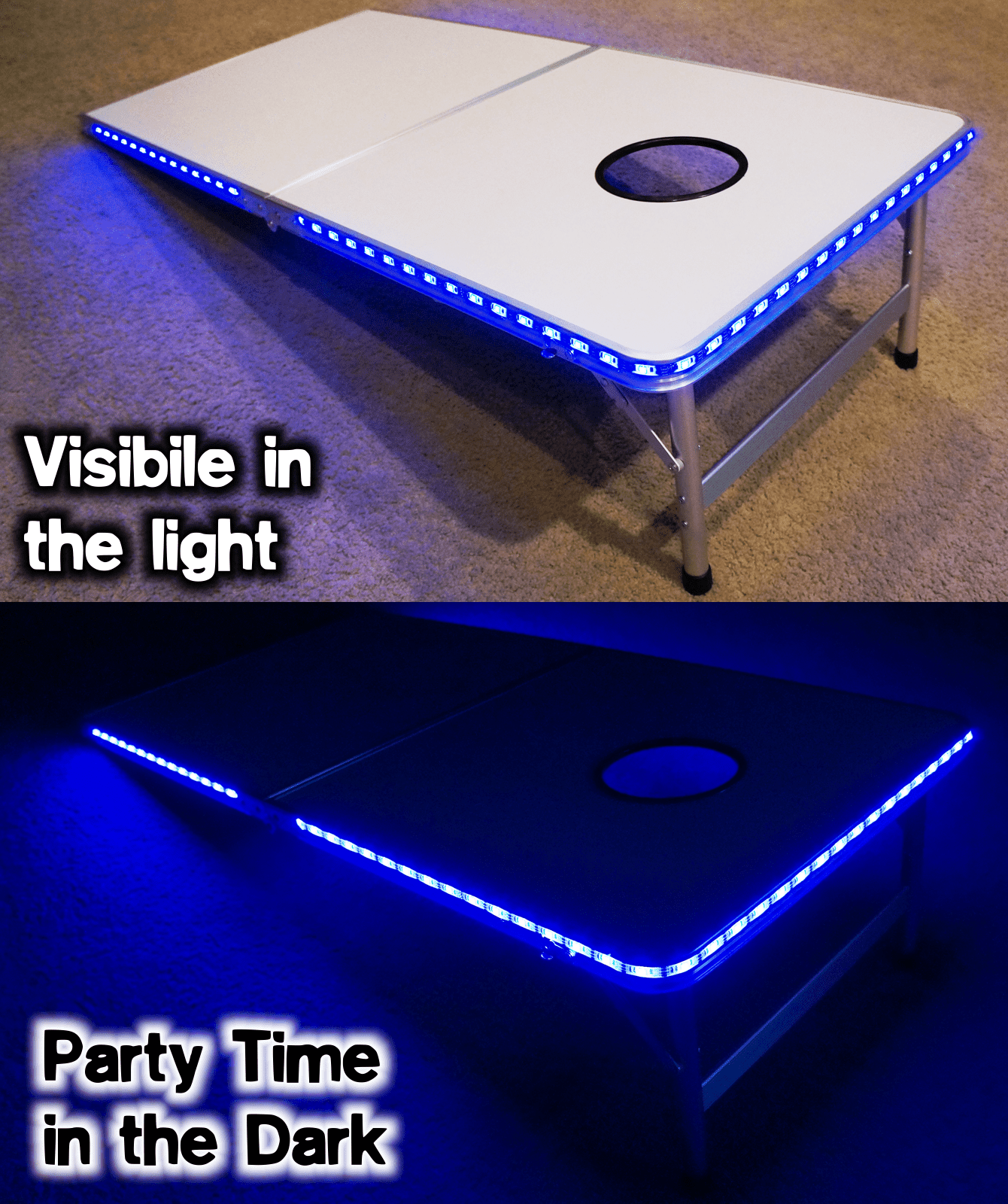 2-in-1 Cornhole Boards & Beer Pong Table w/ Color-Changing LED Glow Lights - Green Bay Football Field
