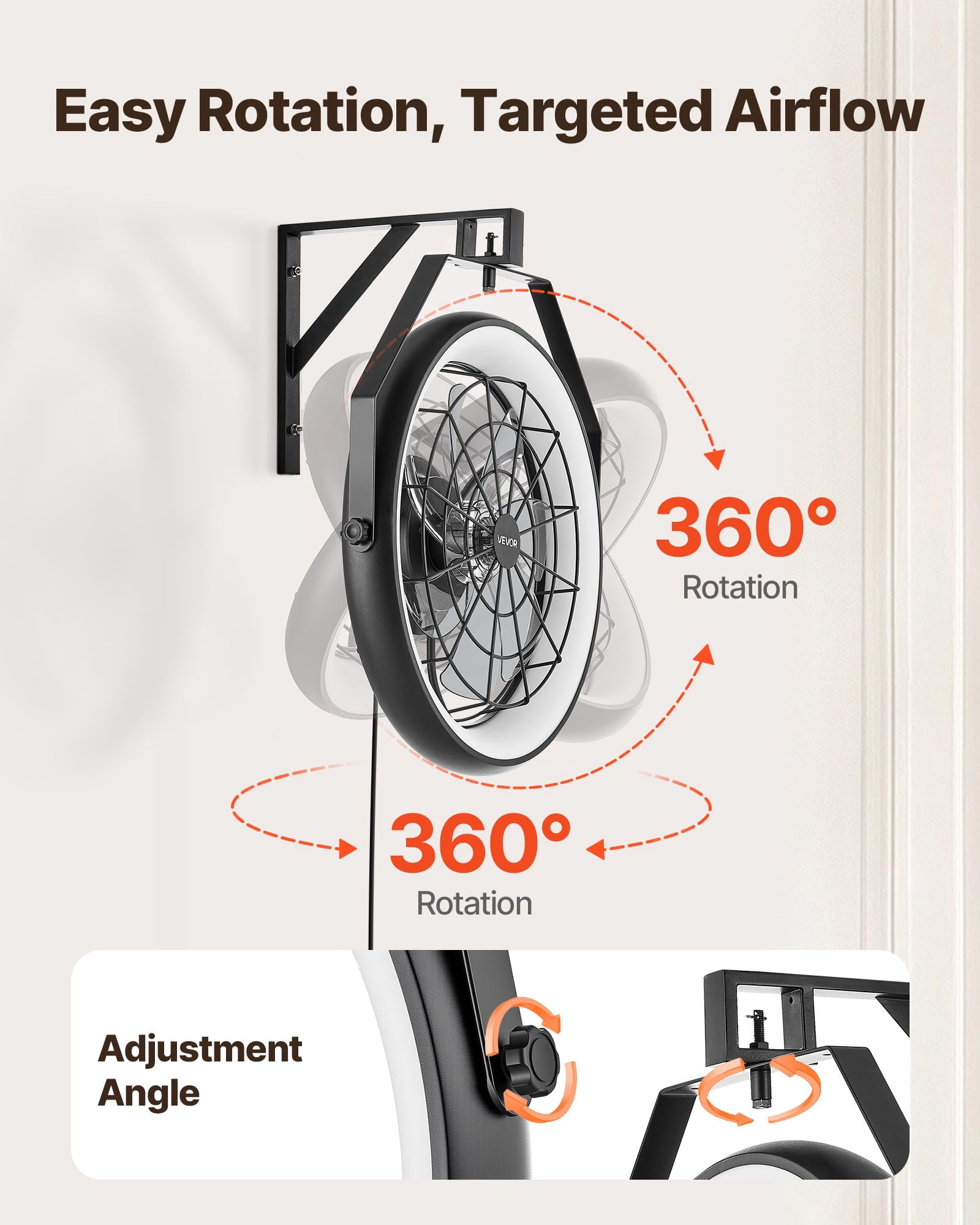 VEVOR Wall Mounted Fan with Lights, 22 inch Wall Mount Fan with Remote, 6 Speeds Plug in Wall Fan, Reversible, Dimmable 3-color Lighting, Timer, 360°Adjustable Tilt for Workshop, Patio, Home