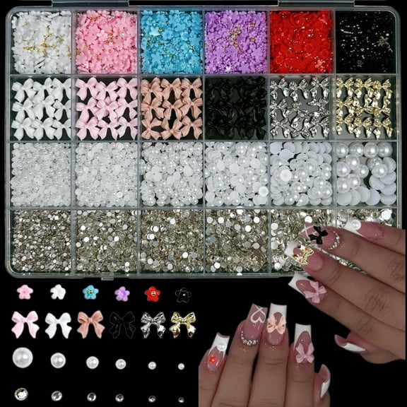 1Box Multi-sized Simulated Flat Bottomed Pearl Rshinestone Nail Charms 24 Grids Box Solid Color Bow Five-petal Flower Alloy Bowknots for Nail Art Gems DIY Y2K Nails Crafts Sets