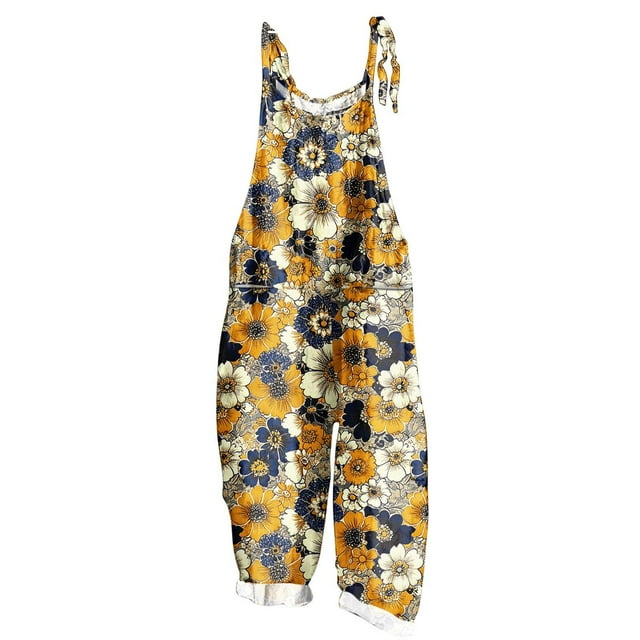 Boho Jumpsuits for Women Linen Loose Casual Summer Rompers Floral Rompers Wide Leg Bib Overall with Pockets Women Jumpsuits Multicolor S