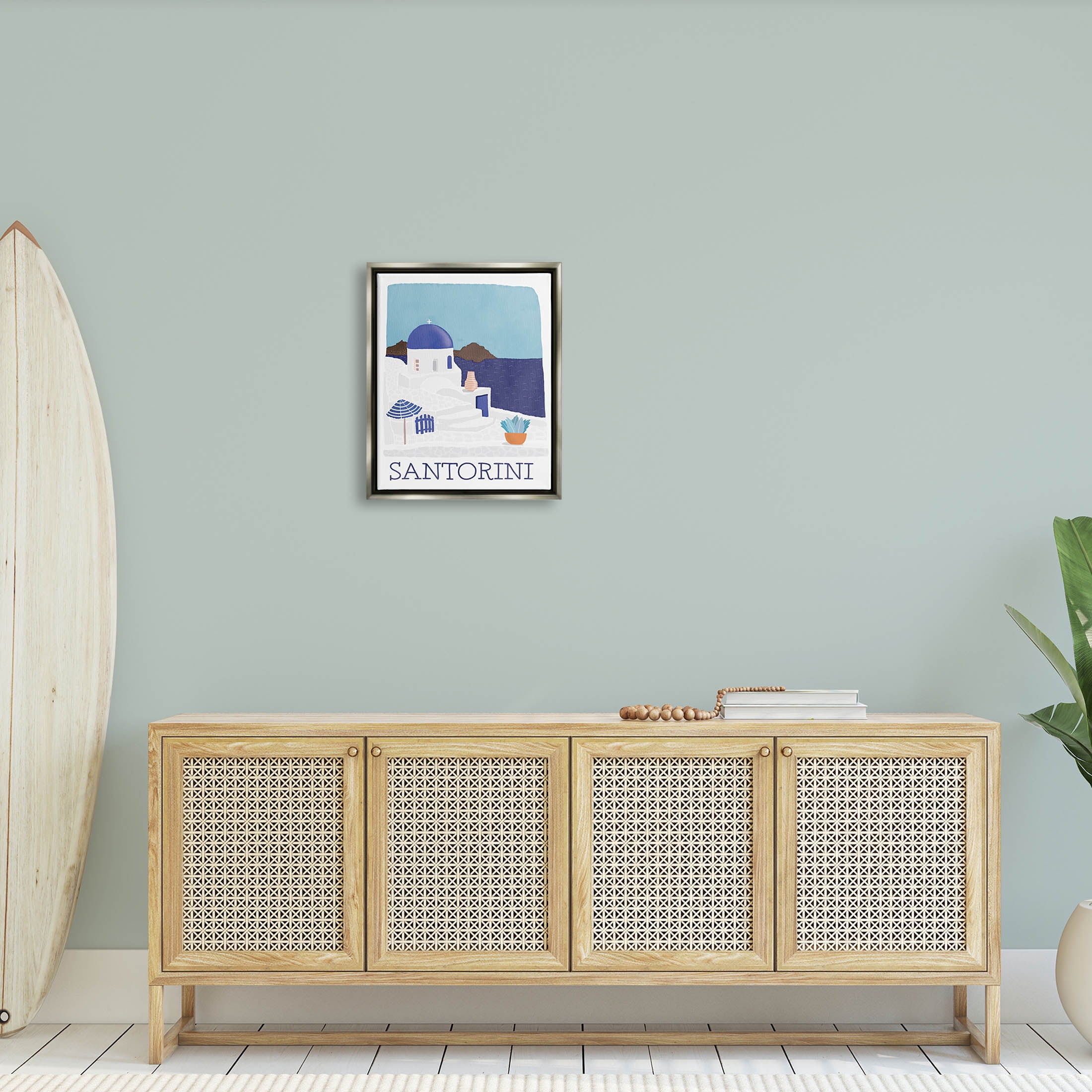 Santorini Vacation Island View Landscape Graphic Art Luster Gray Framed Art Print Wall Art