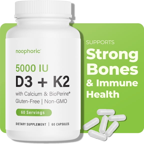 Noophoric Vitamin D3 K2 5000 IU Supplement with Calcium, BioPerine - Non-GMO, 60 Capsules