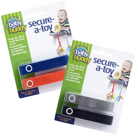 UPC: 0047414041489 | Baby Buddy Secure-A-Toy Secures Toys Teether or Pacifier to Stroller Highchair Car Seat Royal-Orange-Gray-Black 4pk