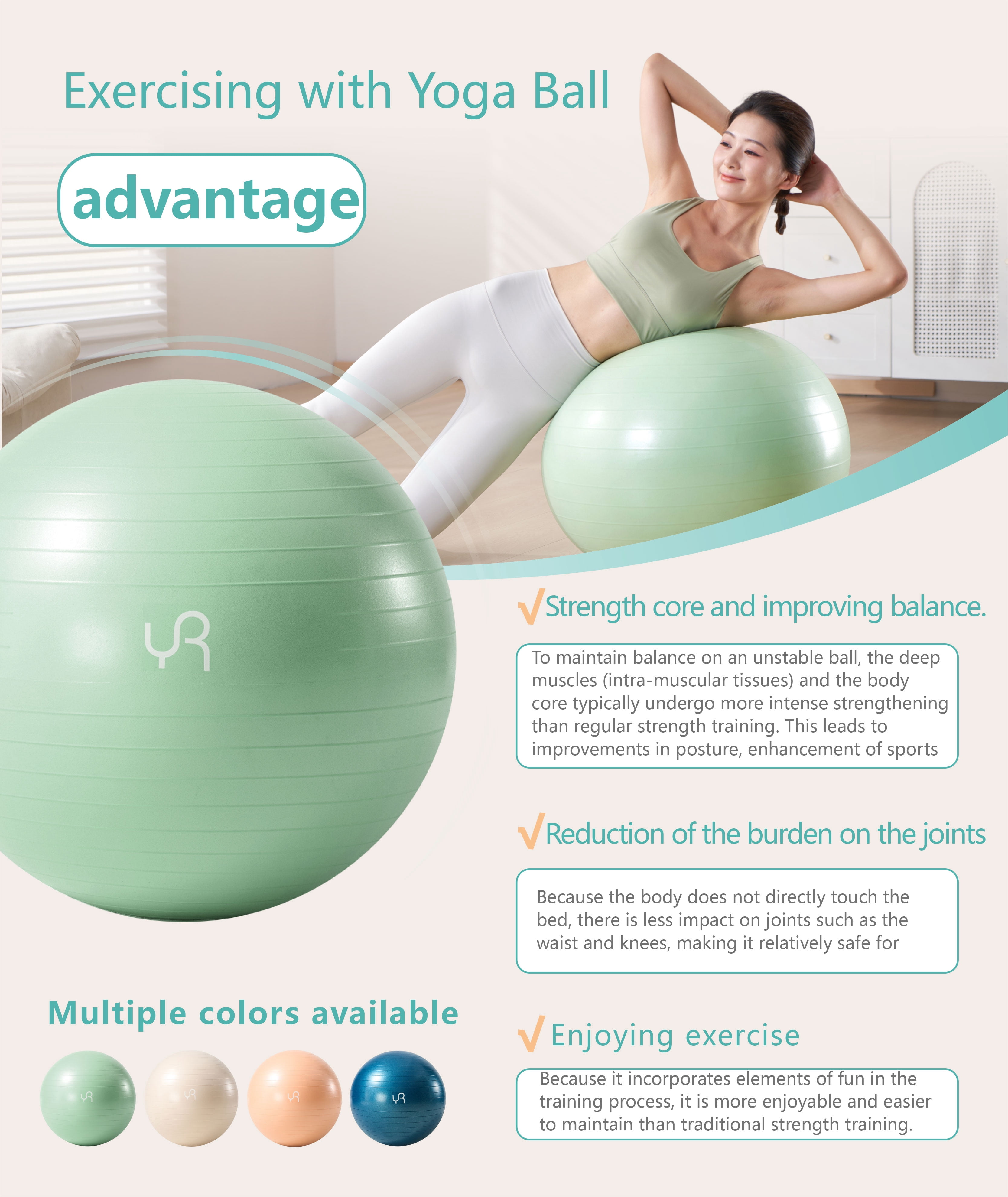 YR 55CM Exercise Ball, Anti-Burst Yoga Ball for Workout Pregnancy Stability, Pilates, Core & Balance Training and Physical Therapy, Green