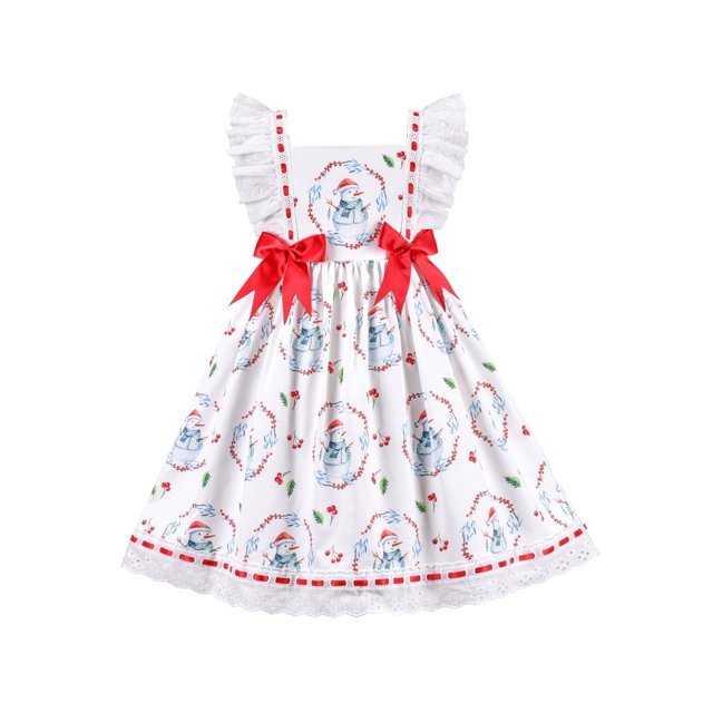 Robe Fille Blanche Snowman Cerise Imprimée Nœud Papillon Dentelle Rouge Blanc 5 Ans