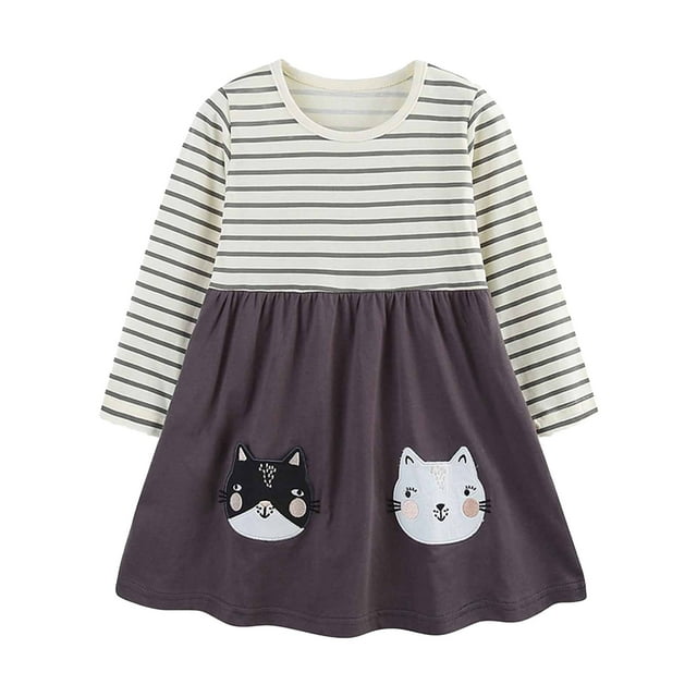 Zwiiyzr Robe à Manches Longues pour Filles en Bas Âge, Robe Décontractée en Coton, Robe Patineuse Évasée pour École Fête 2-7 Ans Beige