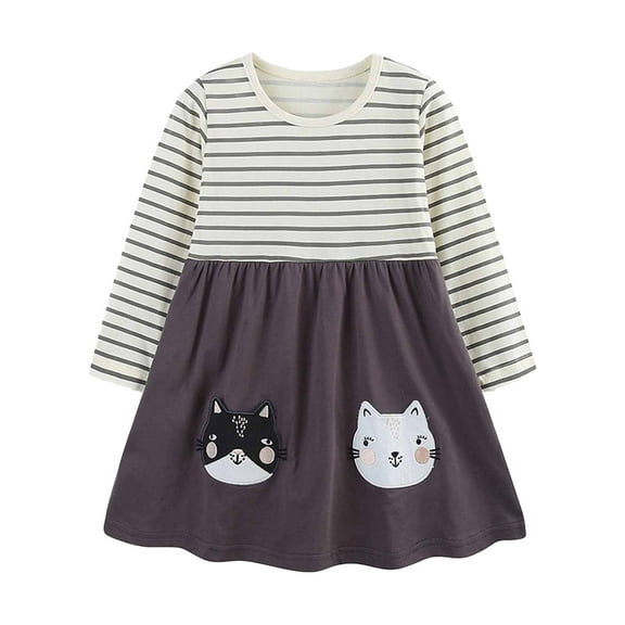 ATOGUTA Girls Dress Beige Long Sleeve Dress Cotton Casual Jersey Shirt Playwear Applique Dress Size 2T-7