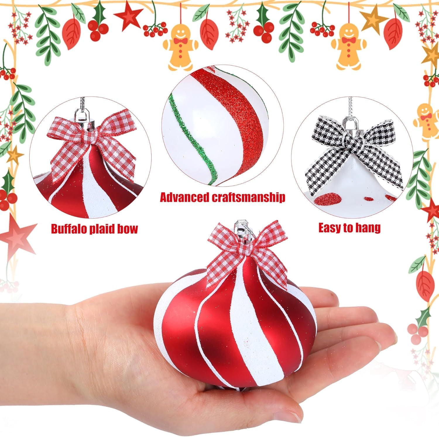 2Pcs Peppermint Candy Ornaments, Candy Cane Balls, Red & White Hanging Stripes - Christmas Tree Ornaments for Xmas Party & Indoor/Outdoor Holiday Home Decorations