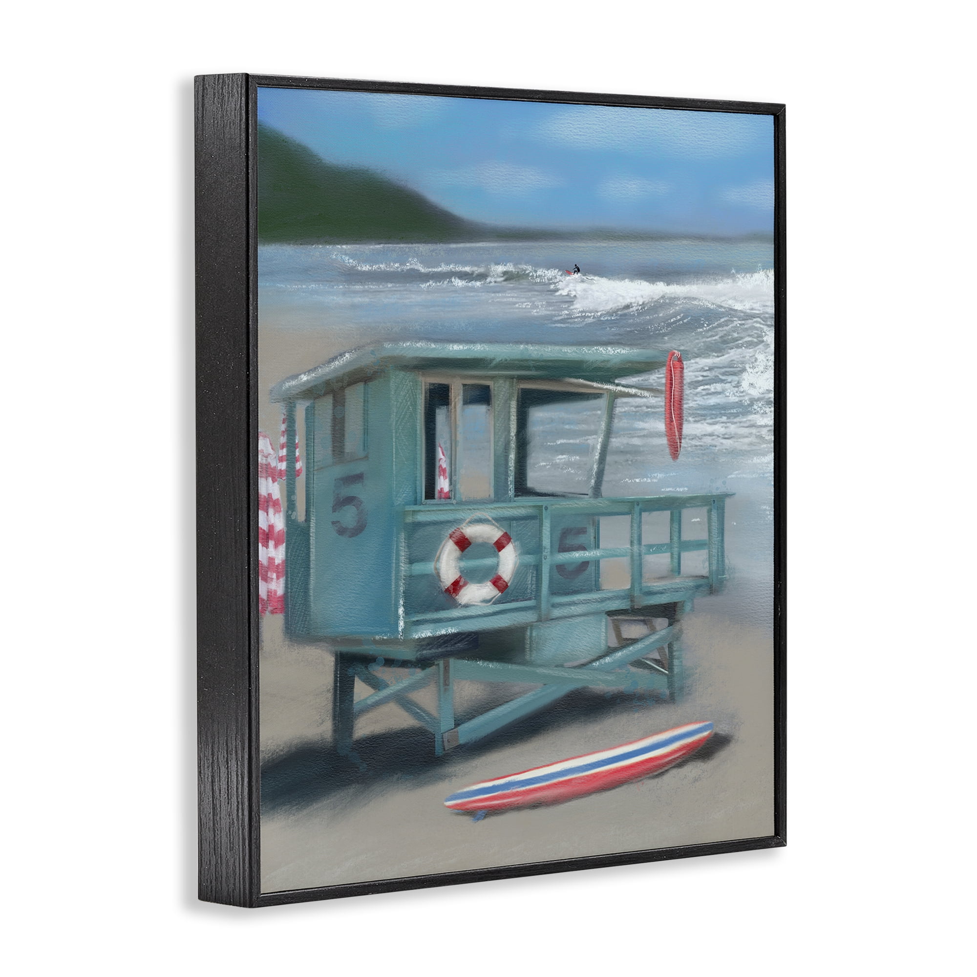 Stupell Industries Lifeguard Stand on Shore Coastal Painting Black Framed Art Print Wall Art, 11 x 14