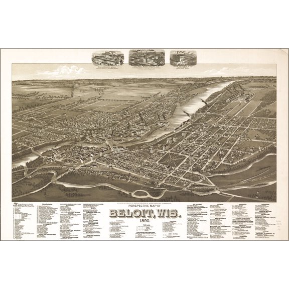 24"x36" Gallery Poster, birdseye view map of Beloit, Wisconsin 1890