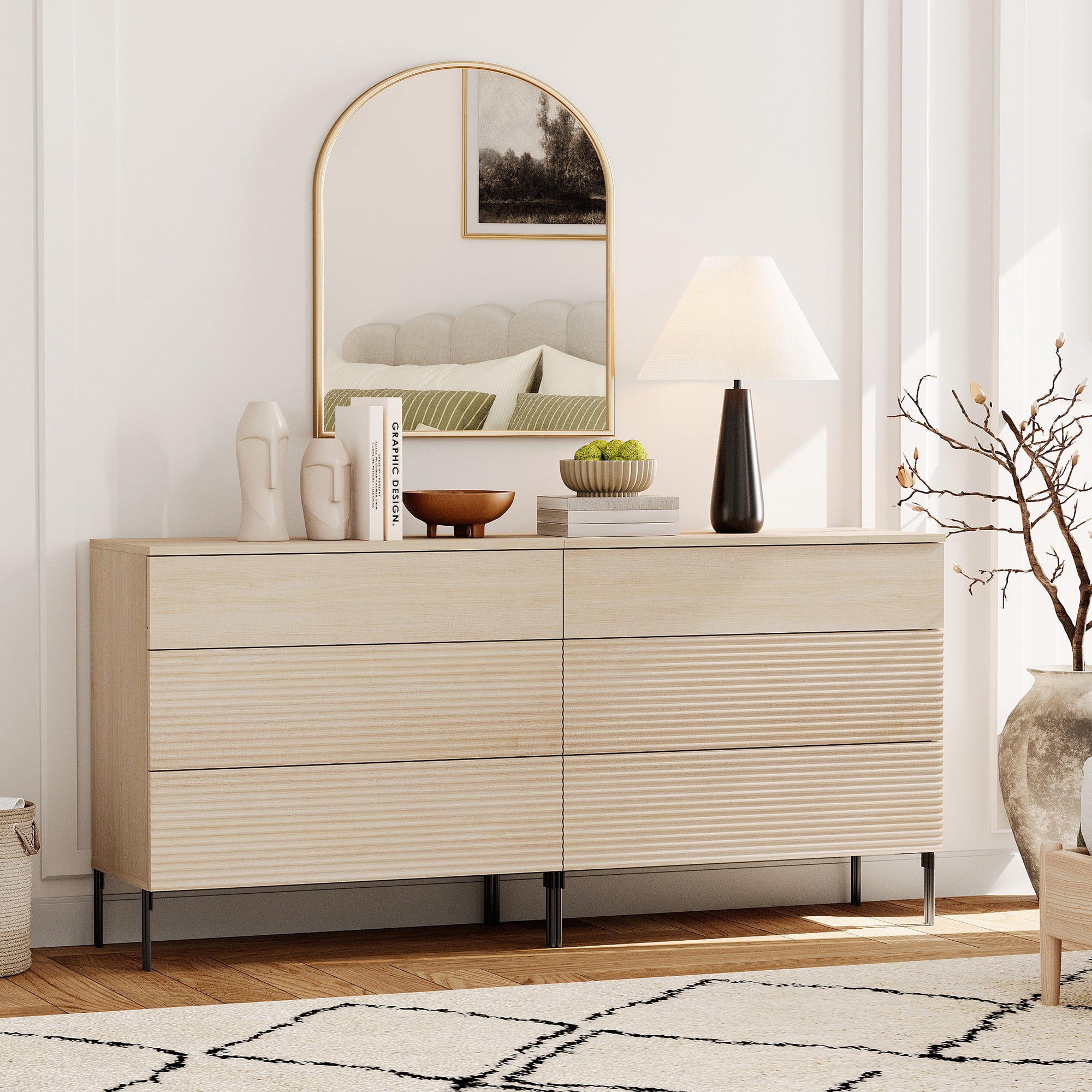 3 Drawer Reeded Dresser for Bedroom Set of 2, Minimalist Modern Chest of Drawers, Wood Storage 6 Drawer Dresser Organizer for Bedroom Living Room Hallway Closet
