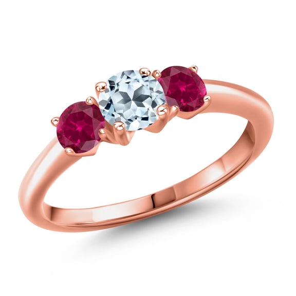 Gem Stone King 18K Rose Gold Plated Silver Sky Blue Topaz and Red Created Ruby Engagement Ring for Women | 1.20 Cttw | Round 5MM | Gemstone November Birthstone | Size 6