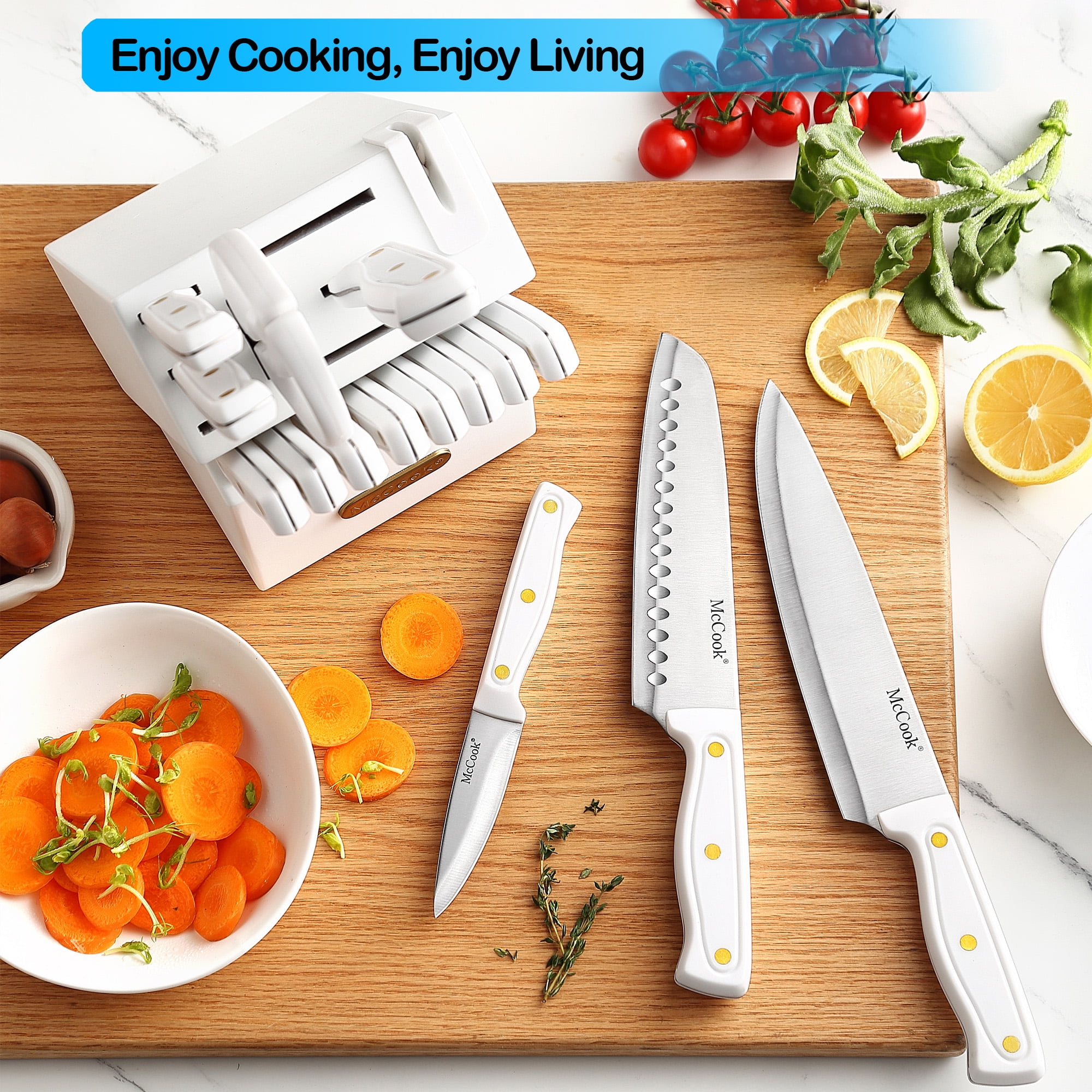 Knife set For Kitchen with Block,McCook MC703 White Kitchen Knife Sets with Built-in Sharpener,Cutlery set with Measuring Cups and Spoons For Cooking,26pcs