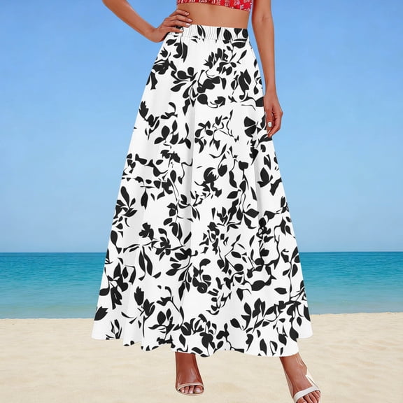 PNTUTB Summer Half Skirt for Women High-Waisted Skirt Fashionable Print Versatile Casual Elastic Waist Lightweight Flowing A-Line Skirt with Two Pockets