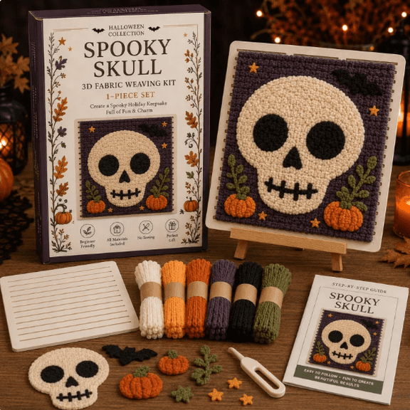 Spooky Skull Halloween Fabric Weaving Kit, Halloween Designs DIY Craft Kit, Relaxing Hands-On Seasonal Art Project for Tabletop & Shelf Display