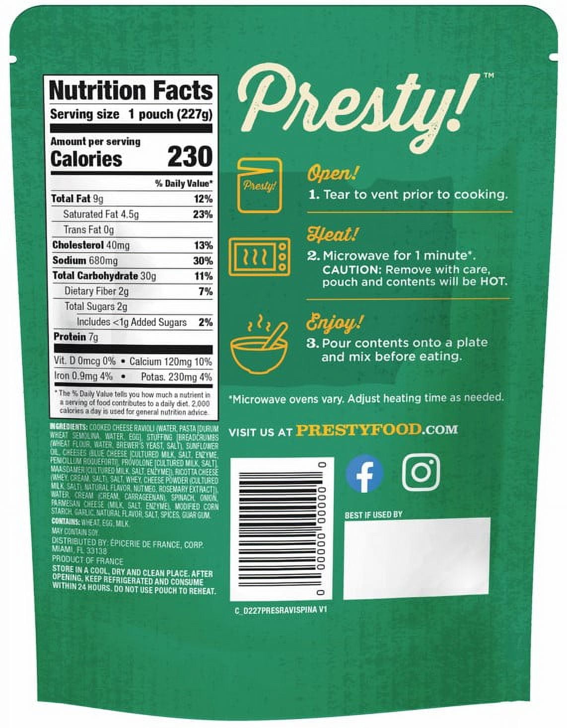 RAVIOLI SPINACH & GARLIC - Microwavable Pouch