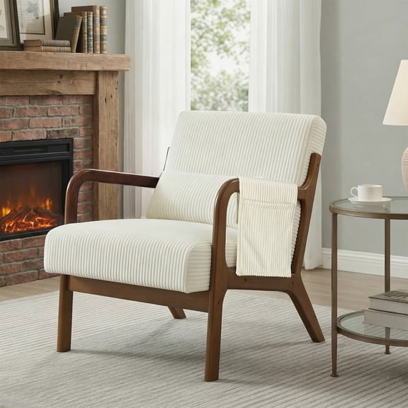 edx Accent Chair, Mid-Century Modern Arm Chair with Wood Frame, 1-Seat Cushioned Sofa for Living Room, Bedroom, Balcony, Beige