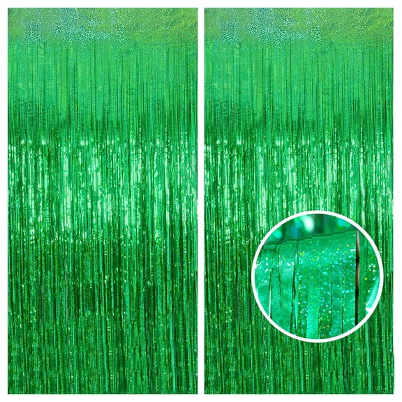 Green Metallic Tinsel Foil Fringe Curtains, 2 Pack 3.3x6.6 Feet Party Streamer for Birthday, Halloween Decor, Foil Curtain Backdrop for Bachelorette Party Decorations