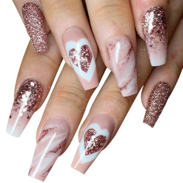 Fofosbeauty 24PCS Fake Press on Nails Coffin Short Fake Nails for Girls Women, Marble Heart with Powdered Gold Fofosbeauty 24PCS Fake Press on Nails Coffin Short Fake Nails for Girls Women, Marble Heart with Powdered Gold