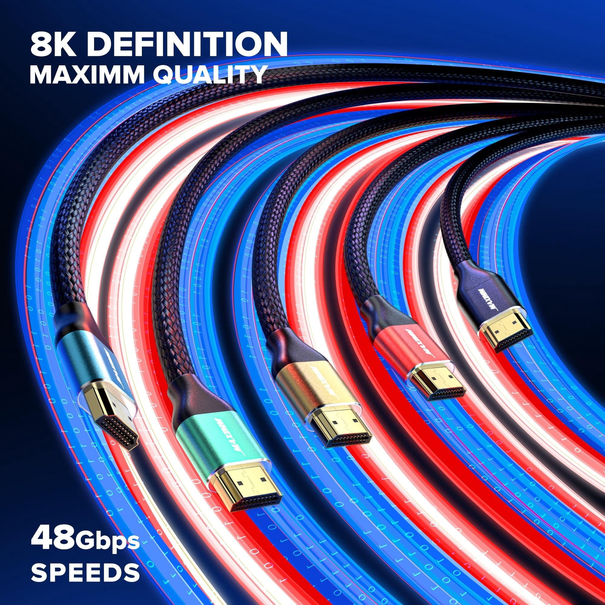 Maximm HDMI 2.1 Cable 20 Feet, Multicolor, 3 Pack, 8K 60Hz 4K 120Hz Ultra High Speed, 48Gbps, eARC, Dolby Vision
