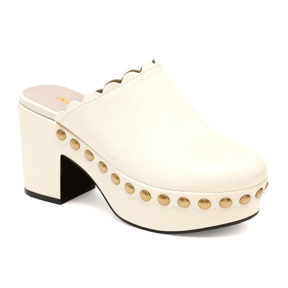 XYD Women Closed Rounded Toe Slip-on Mules Mid Chunky Heel Stylish Studs Scalloped Edge Platform Casual Dress Shoes Size 7 Ivory