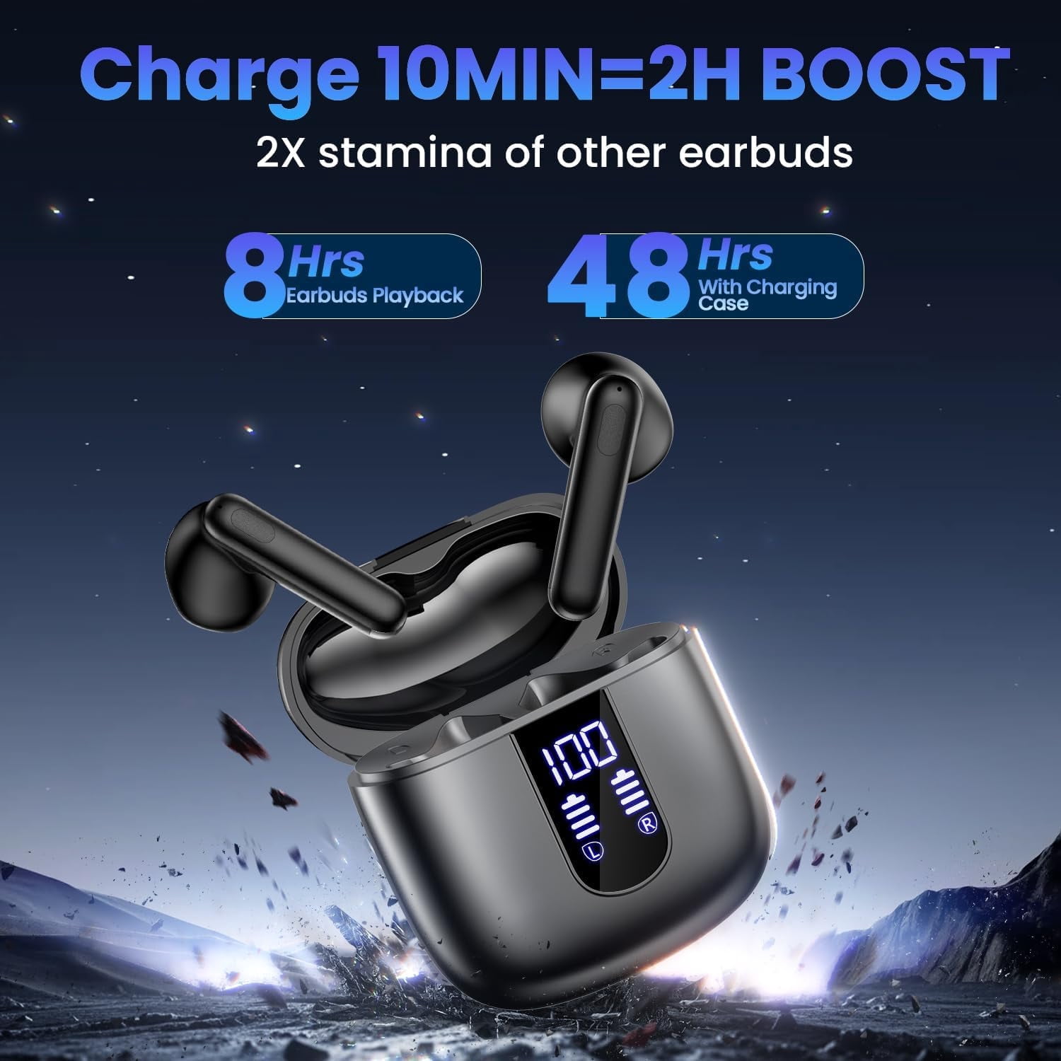 Wireless Earbuds, Bluetooth Headphones with Deep Bass Stereo, 48H Playback Ear Buds LED Power Display, Lightweight, IPX7, in-Ear Earphones Mic for iPhone/Android/iPad, Black