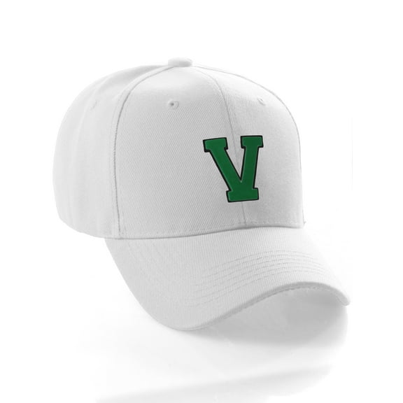 Classic Baseball Hat Custom A to Z Initial Team Letter, White Cap Black Green Letter V
