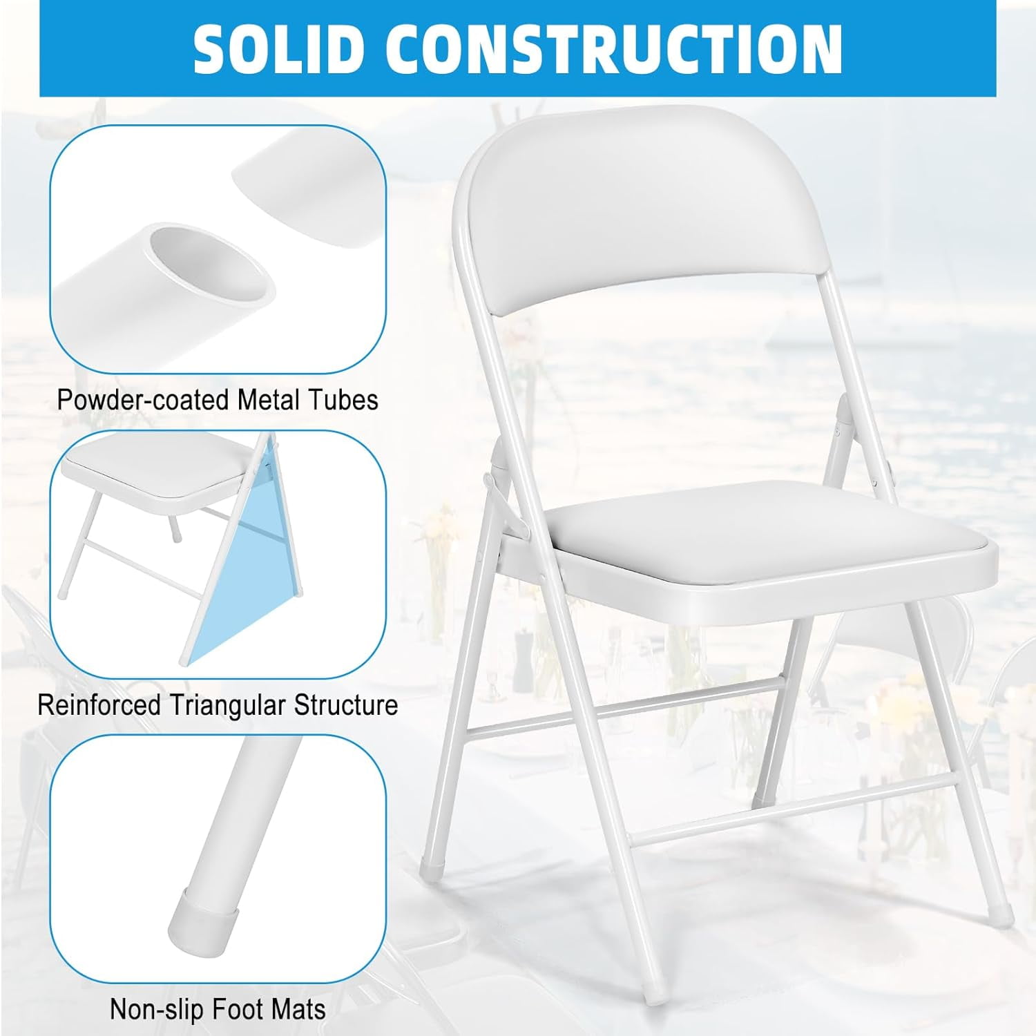 SUGIFT Padded Seat and Metal Back Folding Chair, White, 4 Pack