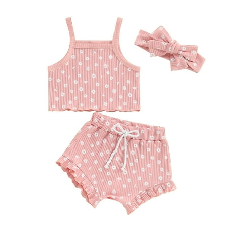 

Gureui Baby Girls 3 Piece Outfits Floral Print Sleeveless Camisole Tops and Elastic Ruffled Shorts Headband Set Summer Clothes