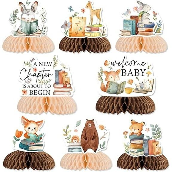 A New Chapter Begins Baby Shower Decorations, 8pcsStorybook Baby Shower Decorations Honeycomb Centerpieces Table for Jungle Safari Woodland AnimalsParty Gender Reveal Supplies