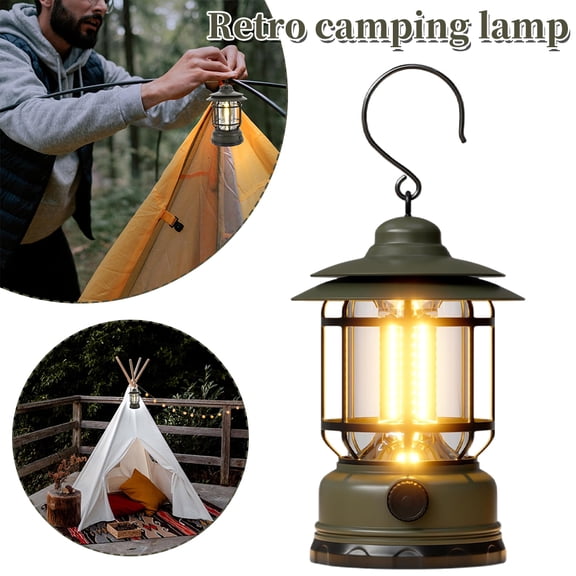 Retro Mini Camping Lantern, USB Rechargeable LED Camping Lamp w/ Stepless Dimming, 800mAh Portable Hanging Tent Light with Hook, Vintage Warm Light Outdoor Lantern for Camping Backpacking Patio Decor