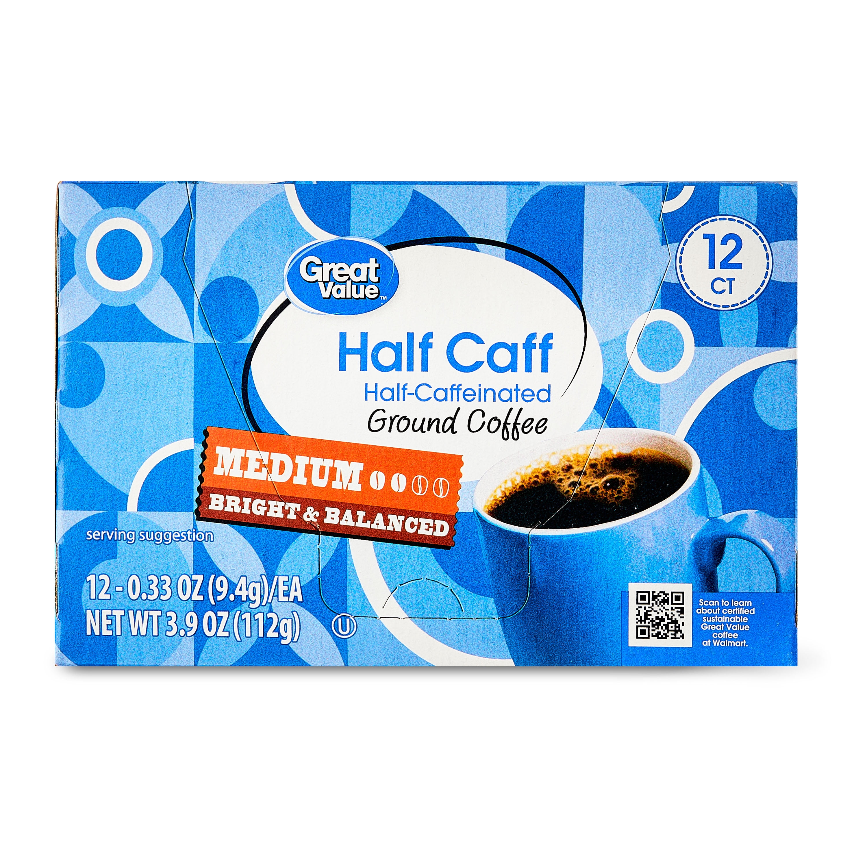 Great Value Arabica Half Caff Medium Roast Ground Coffee Pods, 12 Count