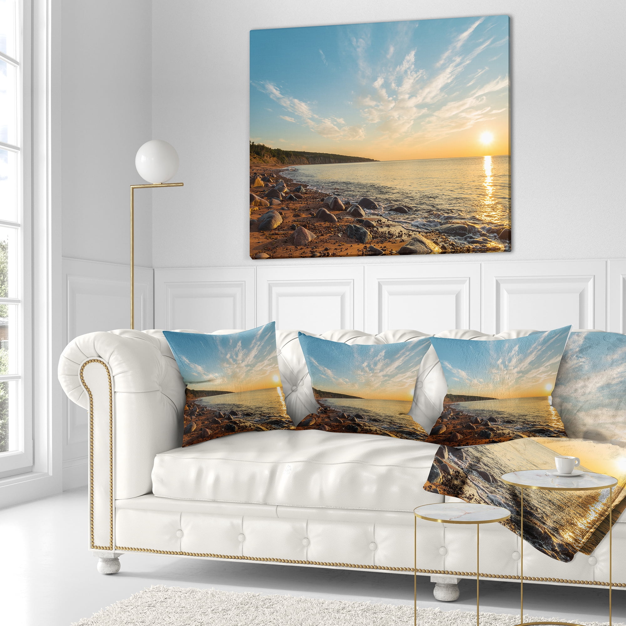 Designart Ocean Shore at Sunrise with Rocks - Modern Seascape Throw Pillow - 16x16