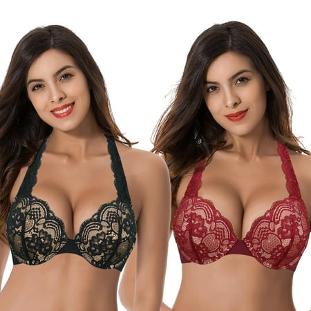 

Curve Muse Women s Plus Size Add 1 and a half Cup Push Up Underwire Convertible Lace Bras -2PK-Black Red-44B