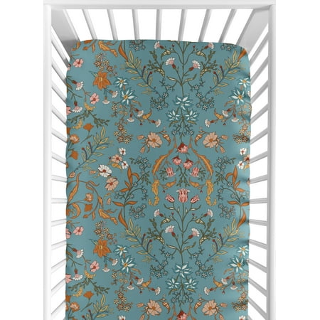 UPC: 0846480097686 | Boho Floral Wildflower Turquoise Blue and Rust Orange Fitted Crib Sheet Girl by Sweet Jojo Designs
