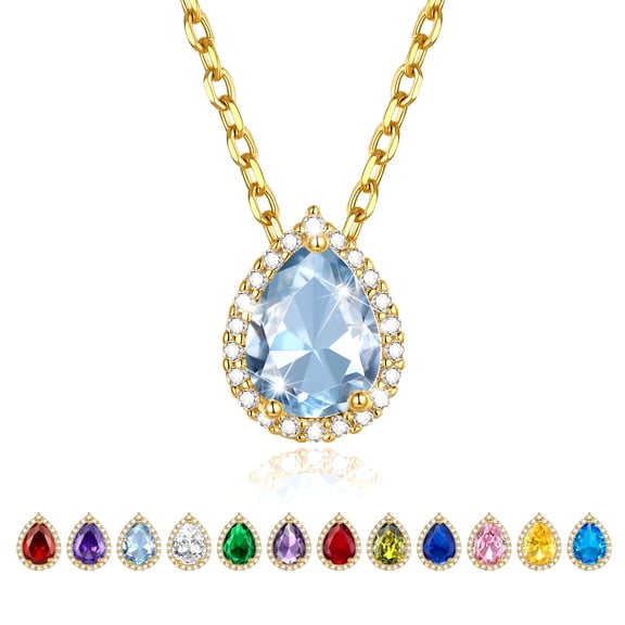 KeyStyle 14K Gold Plated Birthstone Necklaces for Women Teardrop Pear Pendant Necklace Shiny Birthday Jewelry Anniversary Valentine's Day Gifts for Wife